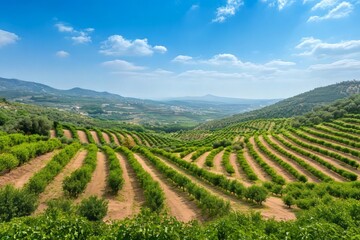 Fototapeta premium Breathtaking Terraced Orchard Landscape Under a Sunny Sky