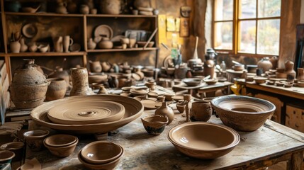 A tranquil pottery studio with spinning wheels and crafted clay pieces, Artisan tools arranged in a rustic workshop, Craftsmanship ambiance style