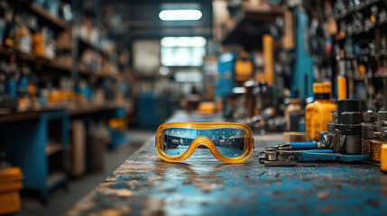 A pair of safety goggles resting on a workbench in a factory, surrounded by tools