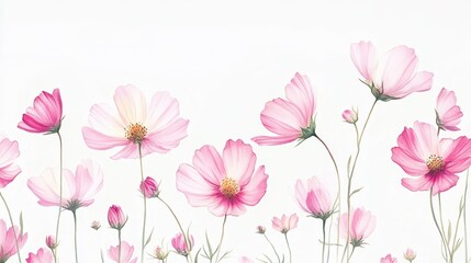 Fototapeta premium Watercolor of pink cosmos flower isolated on white background,Collection cosmea flower and leaves,wildflowers seamless pattern,soft colorful blooming flower background.