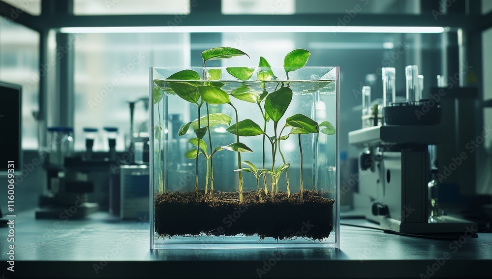 Poster plants growing in a transparent cube in a lab.