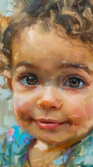 A close-up oil painting of a toddler with big eyes and a joyful expression, captured on canvas with smooth, flowing brushstrokes and soft, blended colors.