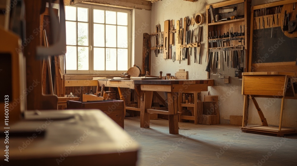 Aufkleber a tranquil woodworking studio with handcrafted furniture and tools, woodworking tools arranged in a 