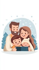 Cheerful Family Enjoying Cozy Winter Moments with a Storybook in a Snowy Landscape Surrounded by Evergreen Trees and Falling Snowflakes