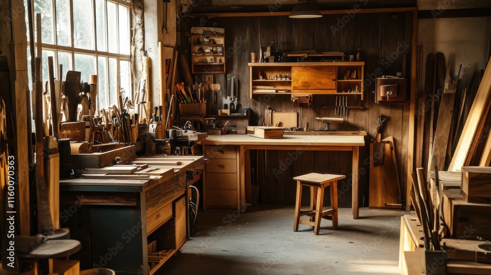 Poster a tranquil woodworking studio with handcrafted furniture and tools, woodworking tools arranged in a 