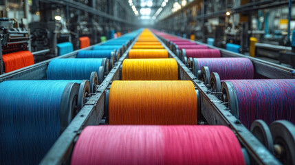 Obraz premium A textile manufacturing factory with rows of colorful fabrics being processed through machines