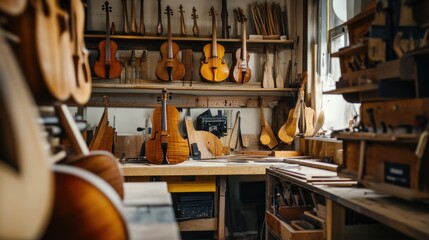 A tranquil woodworking workshop with handcrafted musical instruments, Woodworking tools arranged in a symphony of creative craftsmanship, Musical instrument making style