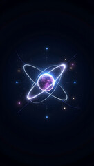 A futuristic quantum particle icon with glowing orbits, entangled lines, and a shimmering nucleus on a plain dark background. Perfect for physics or quantum computing themes.
