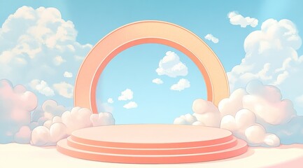 Pastel pink podium on clouds with archway.