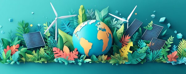 A colorful globe surrounded by lush greenery, wind turbines, and solar panels, symbolizing ecofriendly solutions for Earth Day and global environmental awareness