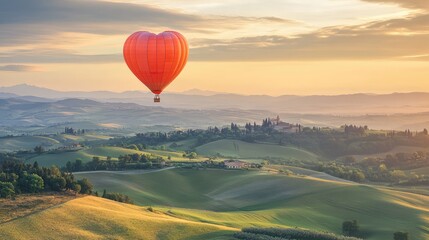 Fototapeta premium Heart-Shaped Balloon Floating Over Scenic Green Rolling Hills