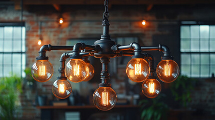 An industrial chandelier made from repurposed metal pipes and Edison bulbs