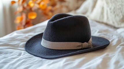Dark blue fedora hat with light gray ribbon resting on white bed.