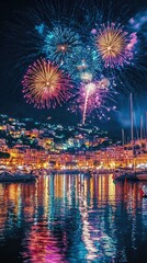 Obraz premium Colorful Fireworks Display Over a Coastal City at Night