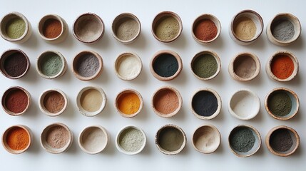 Collection of various colorful powders in small bowls.
