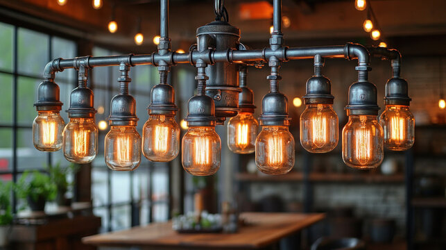 An industrial chandelier made from repurposed metal pipes and Edison bulbs