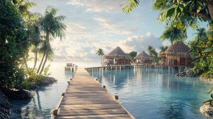 Wooden pier leading to idyllic overwater bungalows at sunrise.