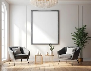 Modern living room interior with large empty frame and armchairs