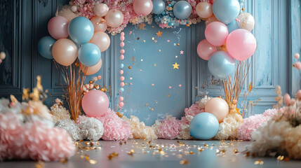 Birthday Party Balloon Arch Backdrop:  A dreamy backdrop of pastel balloons, delicate flowers, and gold accents. Perfect for capturing those special moments at a baby shower, birthday party.