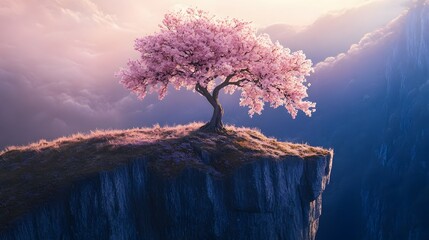 A magnificent and beautiful cherry blossom tree standing alone, which grows on a high and beautiful cliff