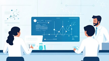 Scientists Collaborating in a Modern Laboratory Environment Analyzing Data and Research Findings on a Digital Screen for Innovative Solutions in Science