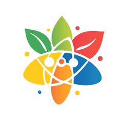 Colorful atom with leaves, representing eco-friendly science.