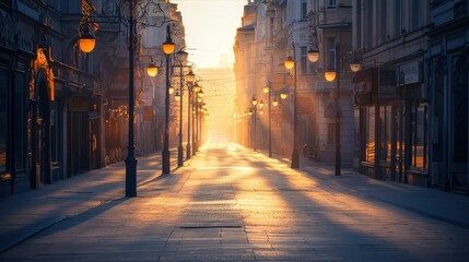 Fototapeta premium Serene Urban Sunrise with Soft Light and Empty Street