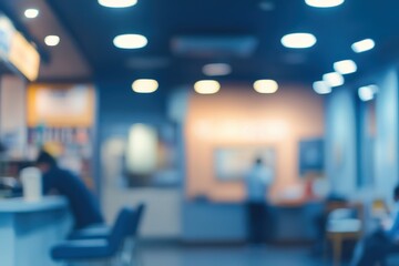 Blurred interior of a modern office space with people sitting. Ideal for background or illustrating concepts like business, workplace, or waiting room.