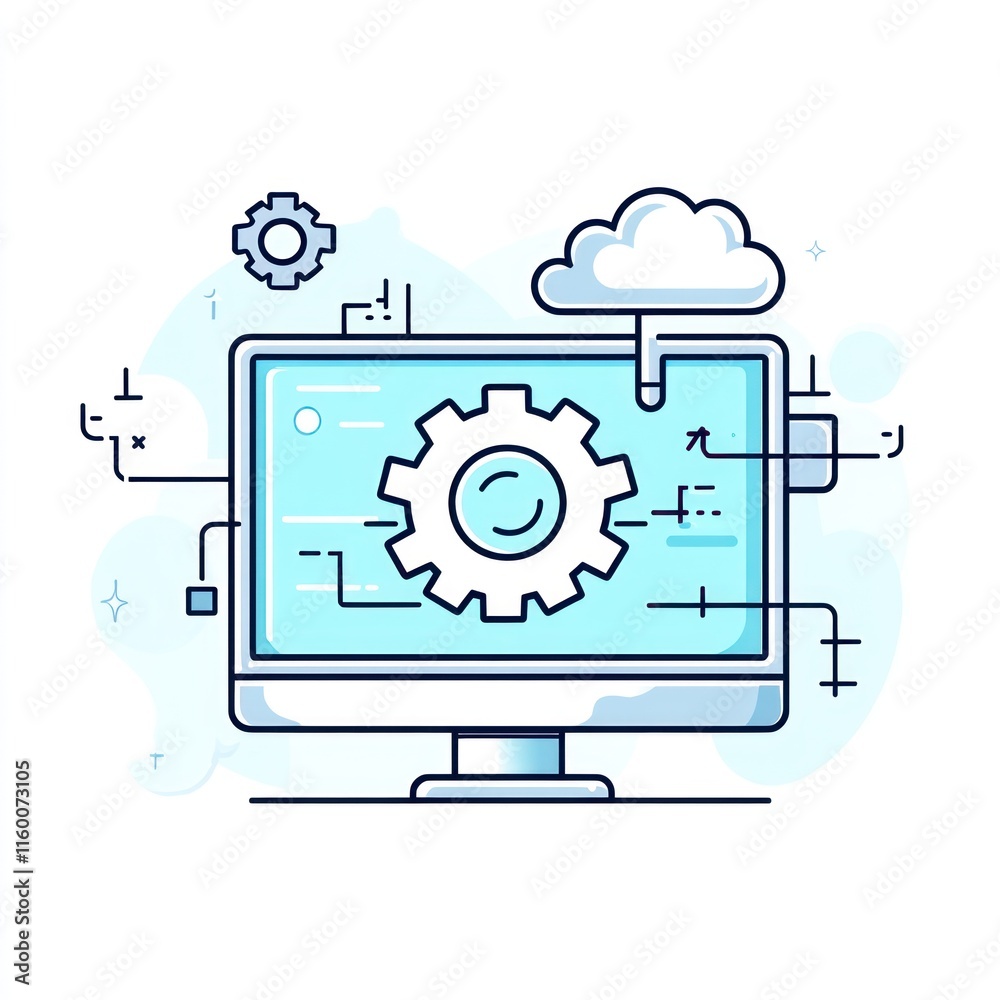 Poster cloud computing, gear on computer screen, software, technology, data processing.
