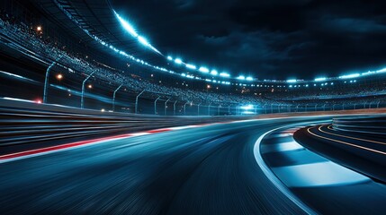 Night race track, speed, motion blur, lights.