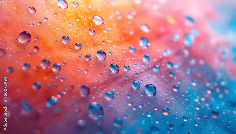Aufkleber Water drops on orange and pink background. Abstract colorful oil drops in water. Abstract macro photograph of water droplets on a multicolored surface. Vibrant water droplets on a gradient background
