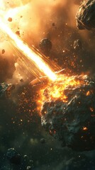 Explosive Scene of Asteroids in Outer Space with Fiery Stream