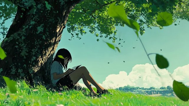 An anime girl sitting under an old tree, she is sad and crying, the background is green grass, anime style, pastel colors, illustration, detailed drawing, soft shadows, 