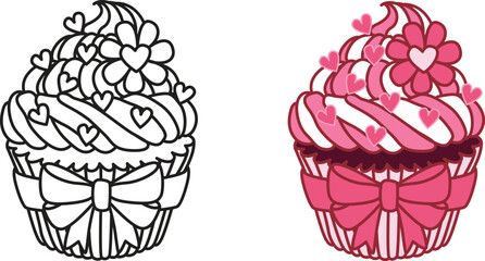 Line art drawing bow ribbons around pink cupcake, clipart coquette aesthetic for design element or coloring page. Vector illustration.