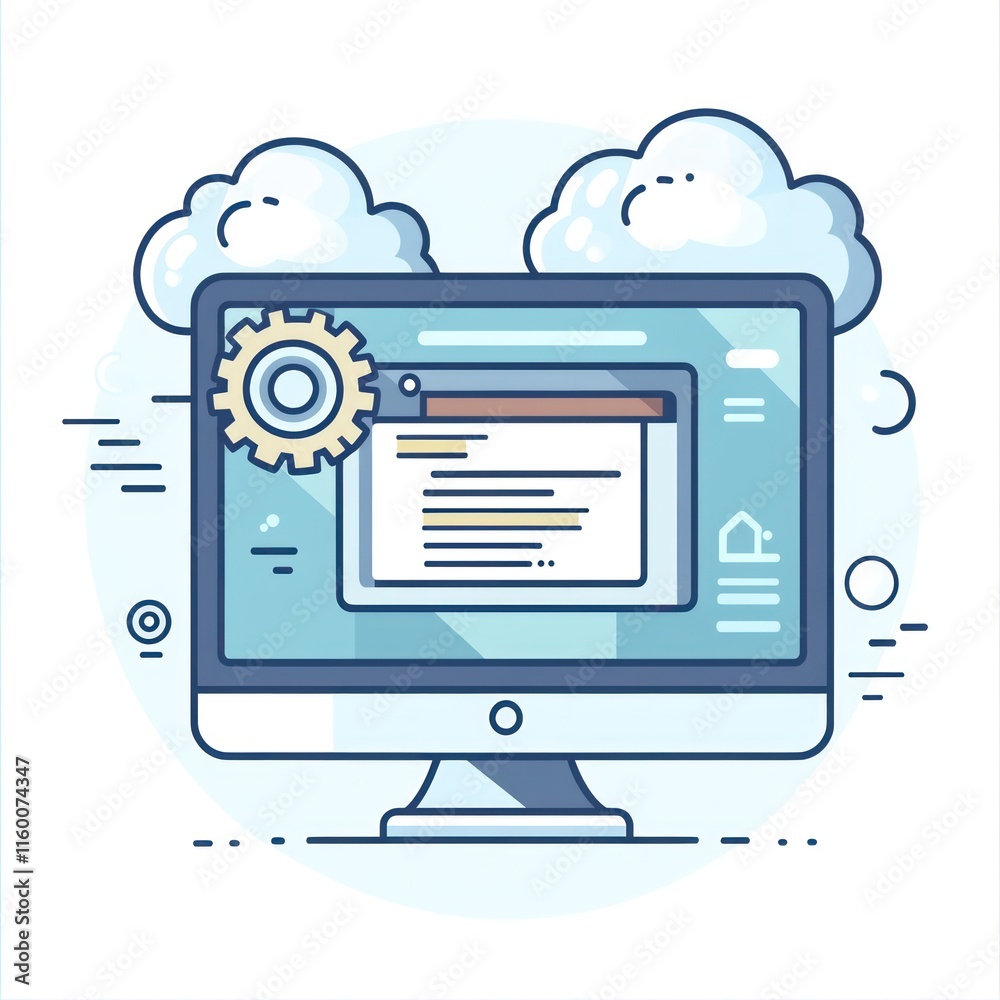 Poster computer screen displaying code with gear and clouds.