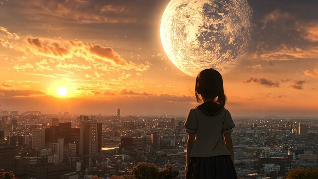 Beautiful anime girl overlooking a futuristic city with a giant planet in the sky, set against a sunset, anime style illustration, rendered with 3D animatio