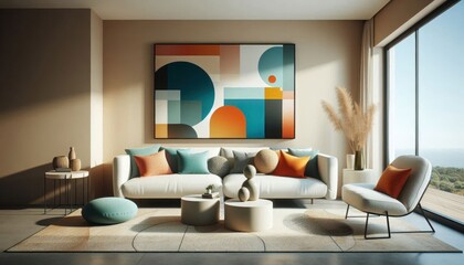 modern living room interior, minimalist abstract artwork, white sofa, orange and blue accent pillows, wooden coffee table, wall sconces, warm ambient lighting, beige wall panels, contemporary design, 