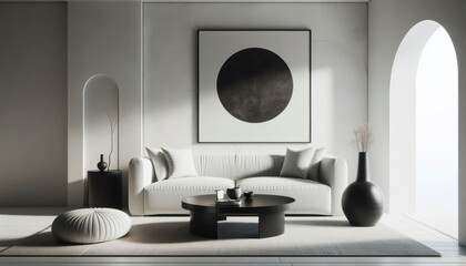 Minimalist living room, neutral tones, concrete wall, abstract circular artwork, low profile sofa, round coffee tables, sculptural vases, potted plant, natural light, floor-to-ceiling windows, texture