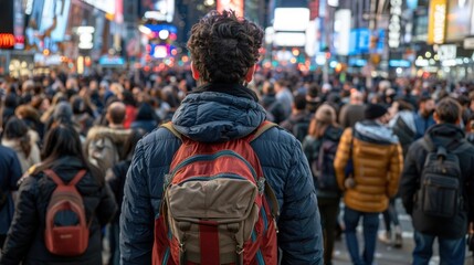 Naklejka premium A young man with a backpack stands in a crowded city street, looking towards a bustling cityscape.