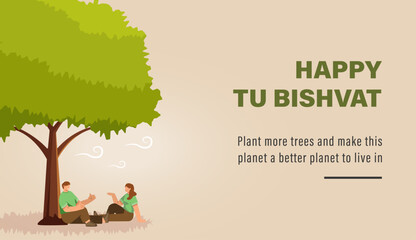 Happy Tu Bishvat on Hebrew. Tu Bishvat Background with Watering Flowers Concept. New Year for Trees, Jewish Holiday. 
