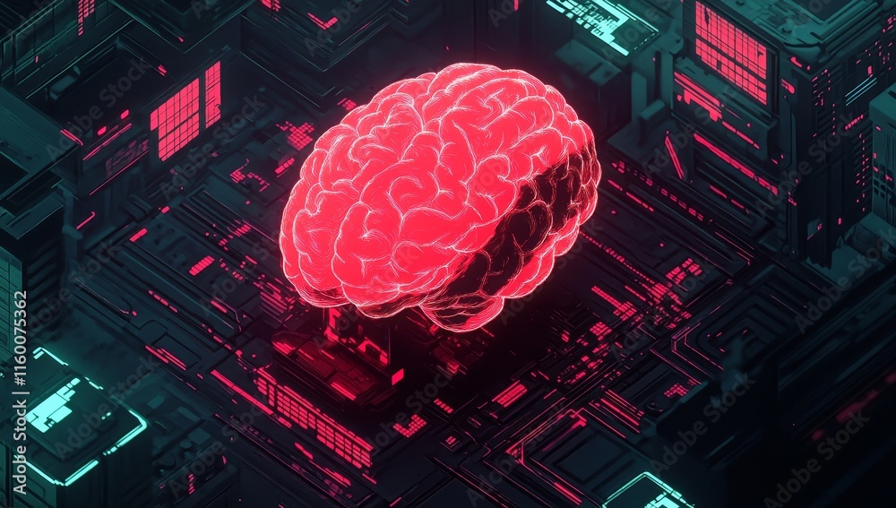 Poster glowing brain on a futuristic circuit board.