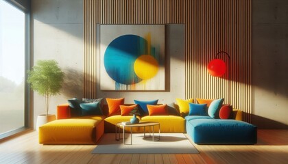 Modern living room, bright yellow sofa, vibrant interior design, red circular wall art, blue abstract wall sculpture, wooden slatted accent wall, natural light, minimalist decor, color pop accents, co