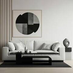Minimalist living room, neutral tones, concrete wall, abstract circular artwork, low profile sofa, round coffee tables, sculptural vases, potted plant, natural light, floor-to-ceiling windows, texture