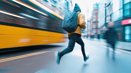 Obraz premium Dynamic Urban Scene of a Young Man Running Quickly Across the Street with a Backpack while a Yellow Bus Passes by on a Rainy Day in a Bustling City Environment
