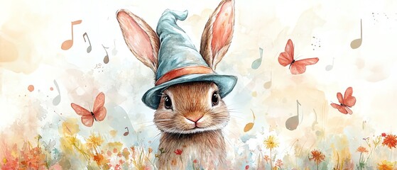 Whimsical watercolor bunny with a magical hat, surrounded by dreamy floating notes, capturing the essence of fantasy and magic
