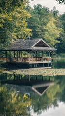 Obraz premium Charming Lakeside Pavilion Surrounded by Lush Greenery and Reflection