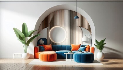 Interior design, minimalist dining space, arched doorway, circular blue table, white ceramic stools, spherical pendant light, neutral color palette, textured white walls, dried floral arrangement, con