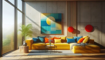 Modern living room, bright yellow sofa, vibrant interior design, red circular wall art, blue abstract wall sculpture, wooden slatted accent wall, natural light, minimalist decor, color pop accents, co