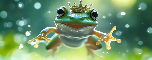 A lively green frog with a crown, leaping happily against a bright green background, symbolizing the magical essence of Leap Day and Leap Year