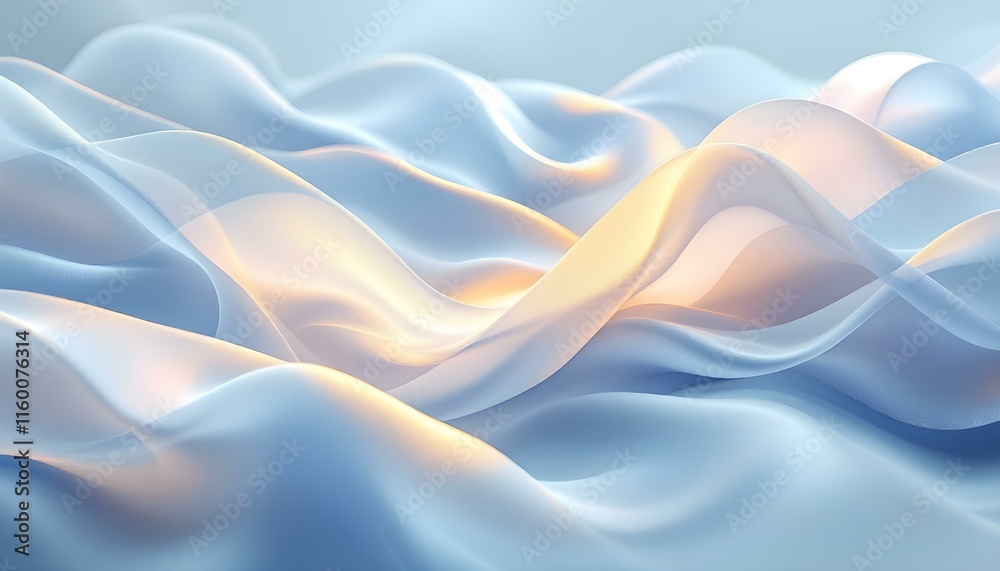 Poster pastel light blue background with flowing waves and soft highlights. elegant, minimalist design evok
